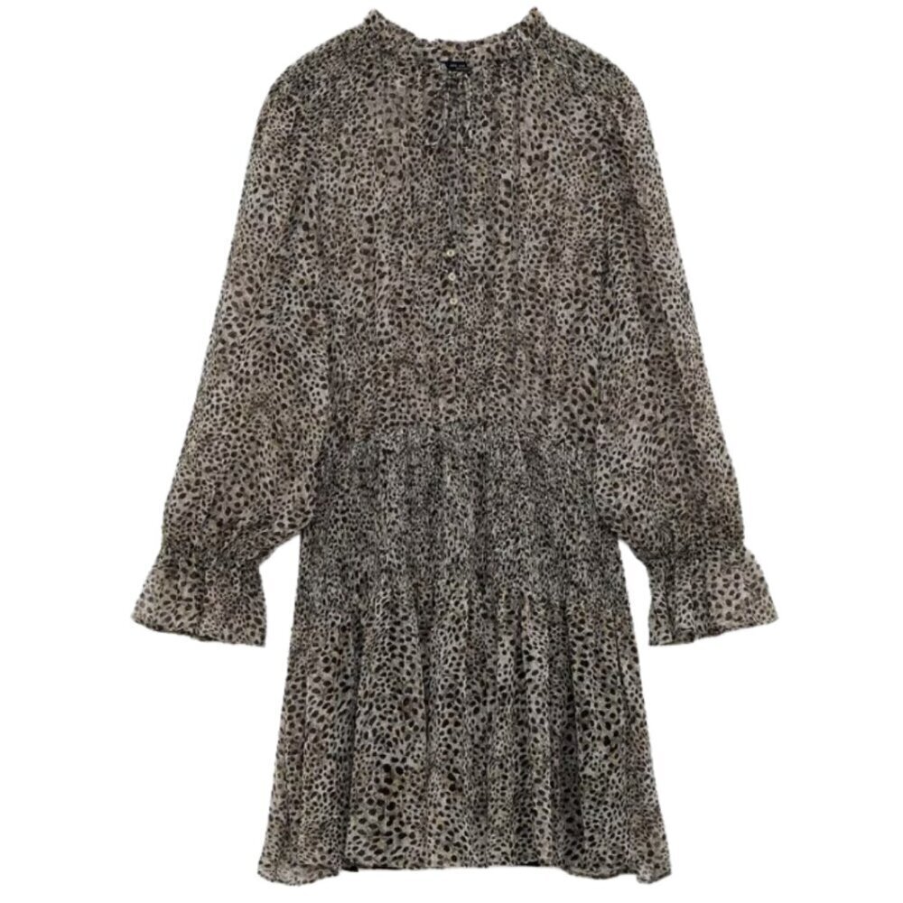 Zara Long Sleeve Animal Print Smocked Mini Dress Women's Medium Brown Sheer Sexy - Picture 3 of 16
